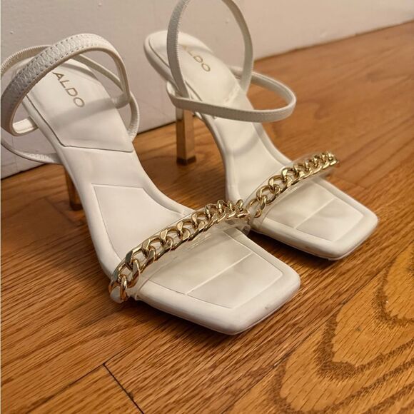 ALDO White Strappy Heels with Gold Chain Detail & Sculpted Mirror Heel – Size 7 - Picture 5 of 7